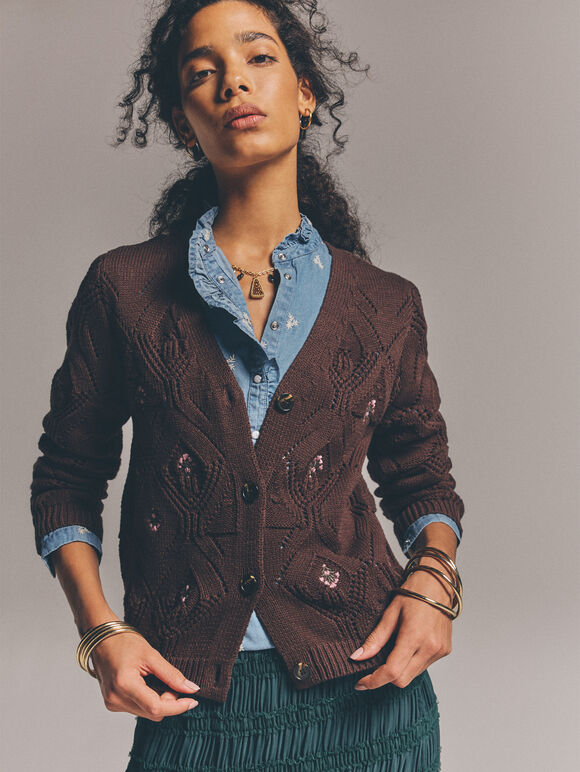 Pointelle Diamond Floral Cotton-Blend Cardigan, Brown, large