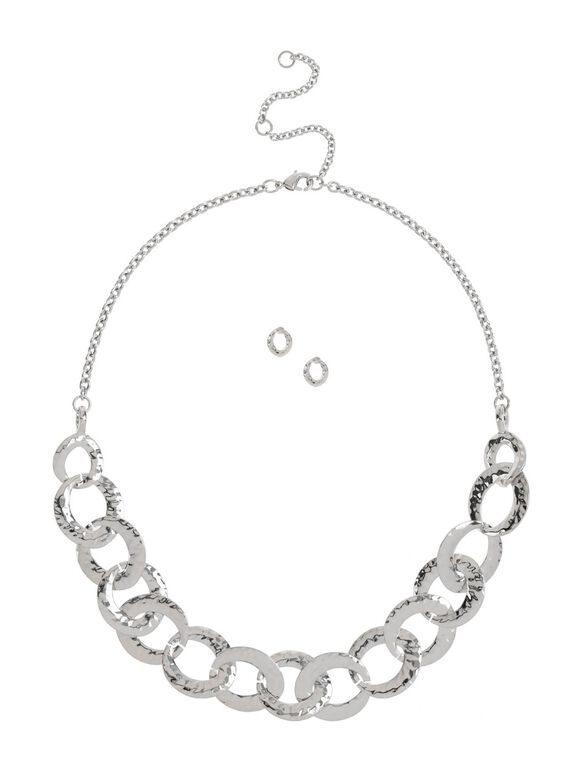 Hammered Open Oval Necklace Set, Light Grey - Silver, large