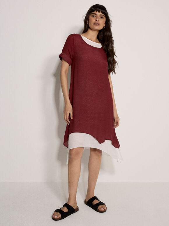 Slub Shimmer Tunic Mini Dress, Burgundy, large