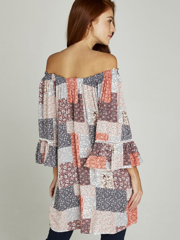Patchwork Ditsy Bardot Top, Coral, large