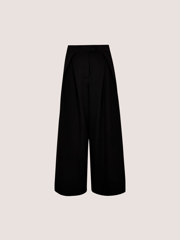Wide-Leg Pleated Tailored Trousers, Black, large