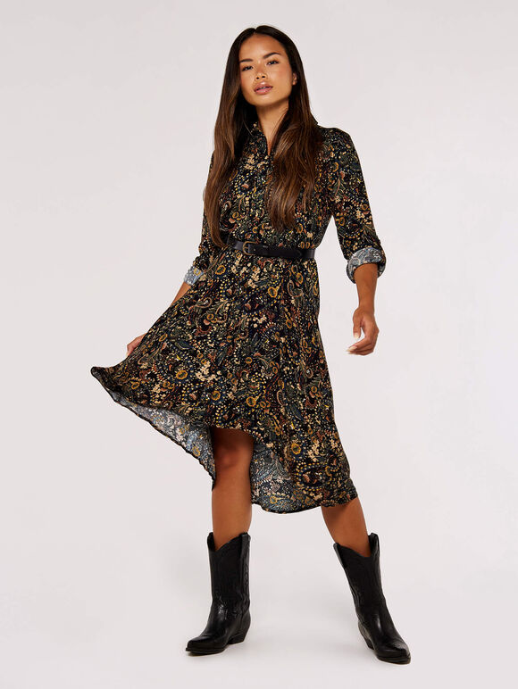 Paisley Shirt Mini Dress, Black, large