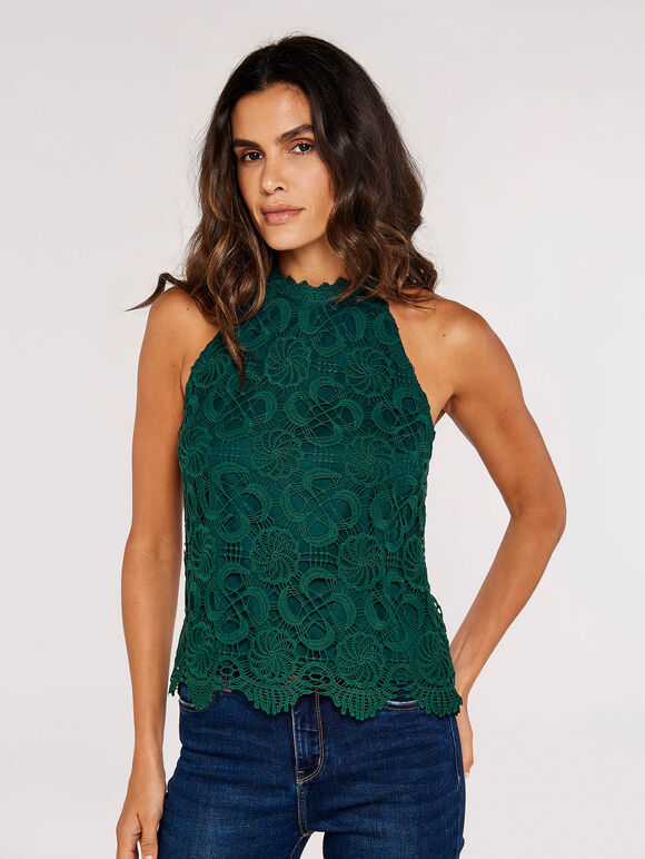 Lace Halter Neck Top, Green, large