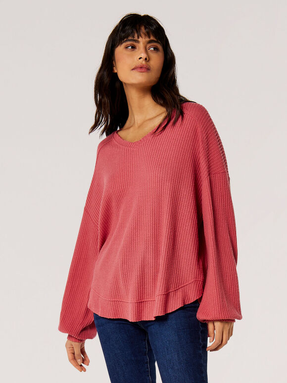 Oversized Waffle Knit Top, Pink, large