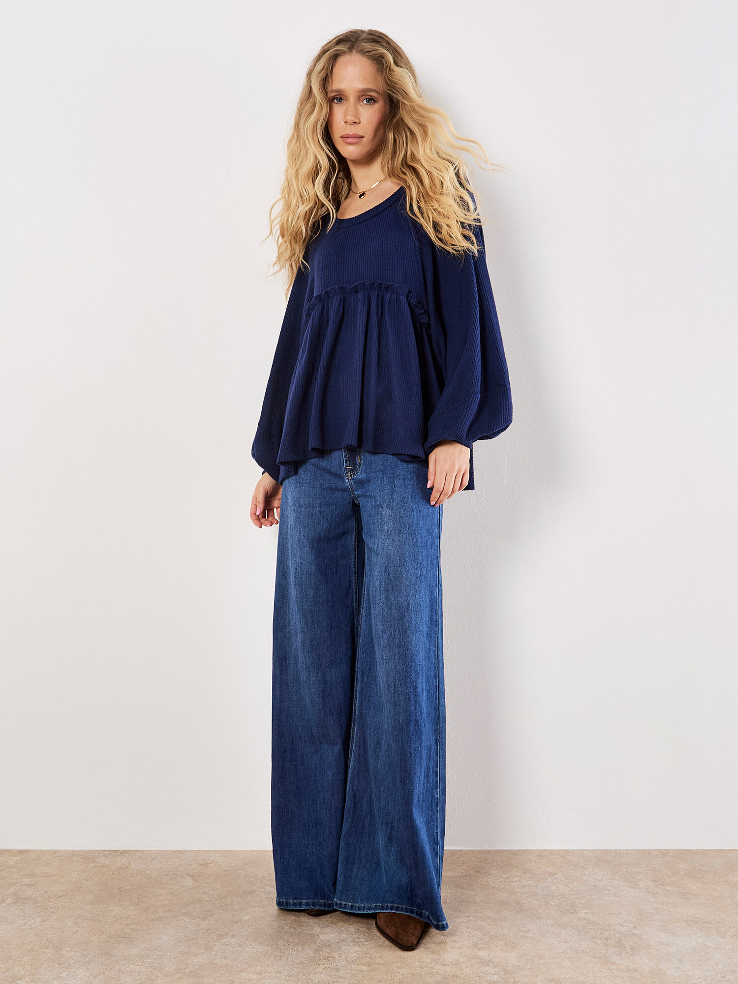 Waffle Knit Babydoll Oversized Top | Apricot Clothing