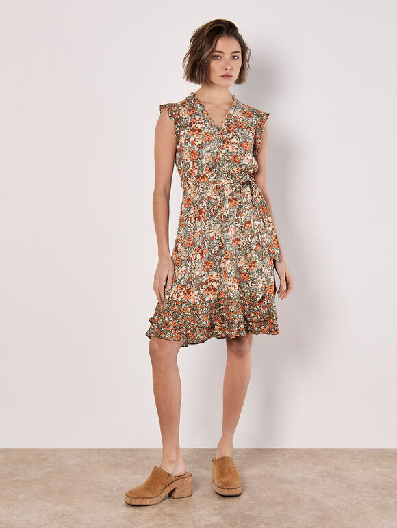 Ditsy Floral Ruffle Mini Dress, Khaki, large
