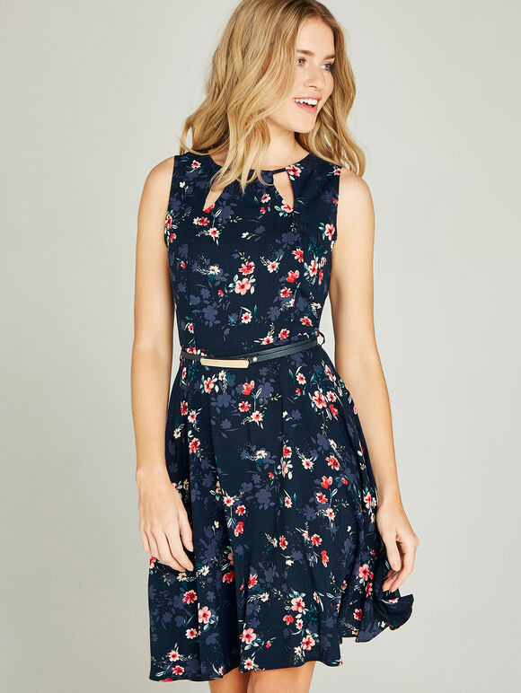 Navy Painterly Floral Cut Out Neck Dress, Navy, large