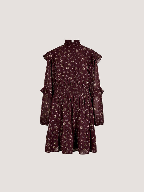 Ditsy Floral Chiffon Tiered Mini Dress, Burgundy, large