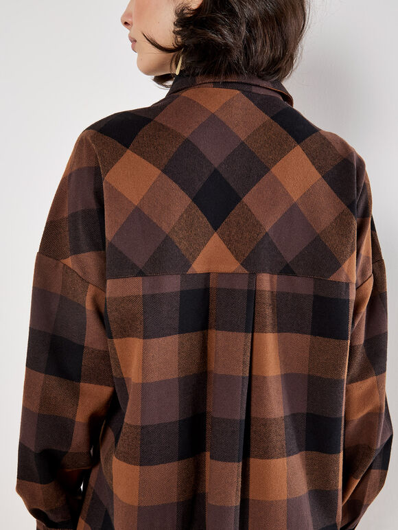Oversized Check Shirt Mini Dress, Brown, large