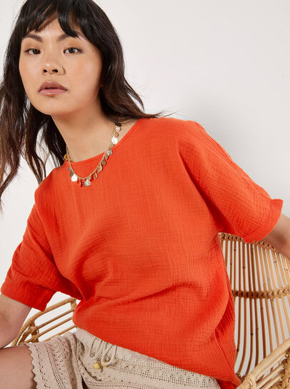 Textured Cotton Button Back T-Shirt