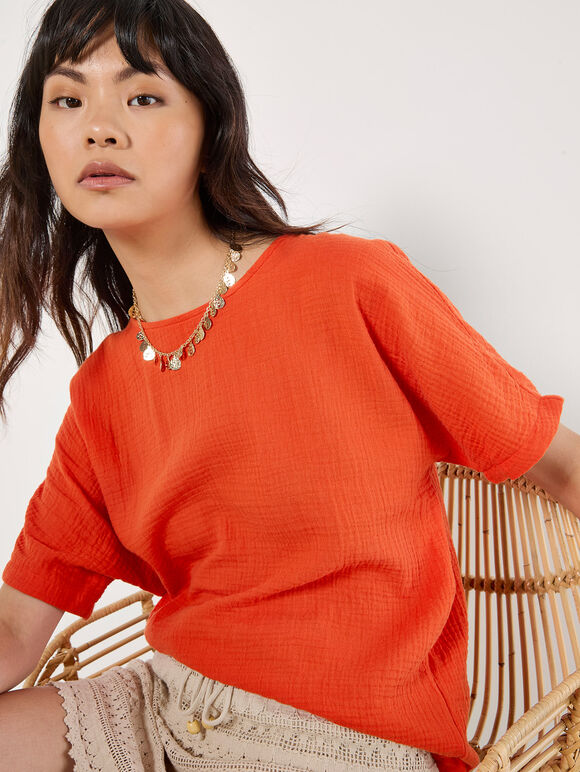 Textured Cotton Button Back T-Shirt, Orange, large