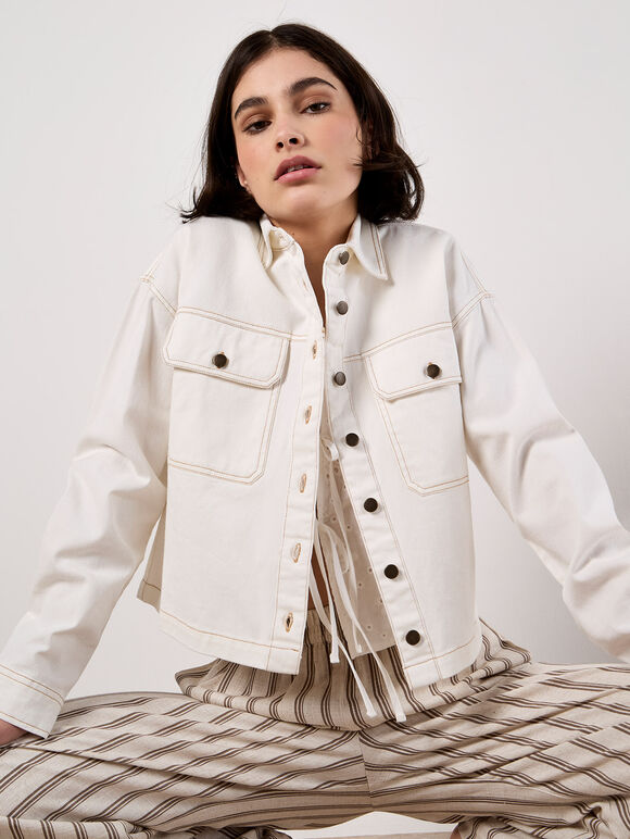 Cropped Cotton Denim Shirt, Cream, large