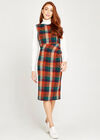 Multi Check Ruched Bodycon Dress, Rust, large