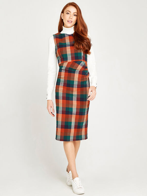 Multi Check Ruched Bodycon Dress, Rust, large