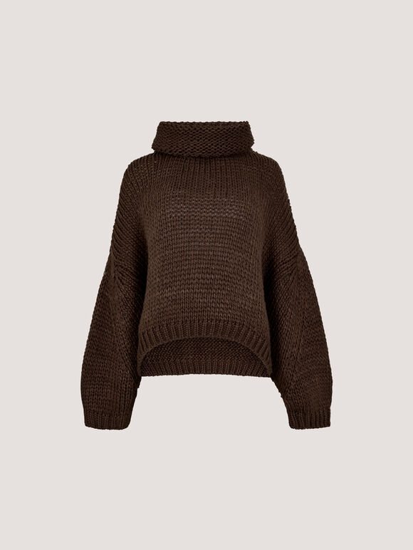 Chunky Knit Roll Neck Oversized Jumper, Brown, large