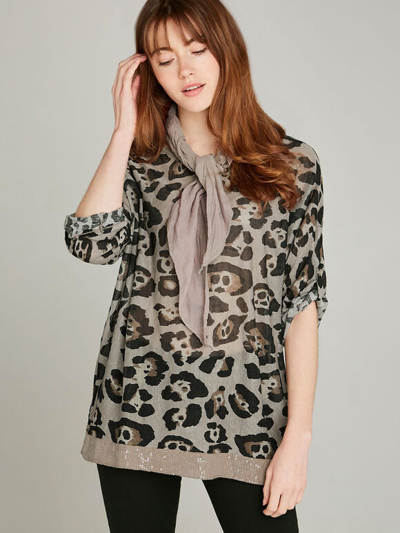 Stone Bold Leopard Sequin Hem Scarf Top, Stone - Beige, large