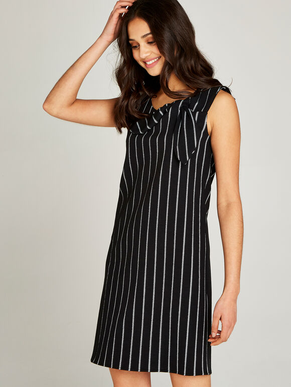 Vertical Stripe Bow Tie Neck Dress, Black, large