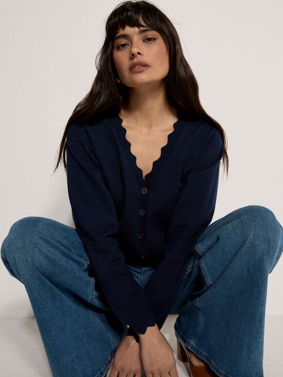 Scallop Hem Cardigan, Navy, large