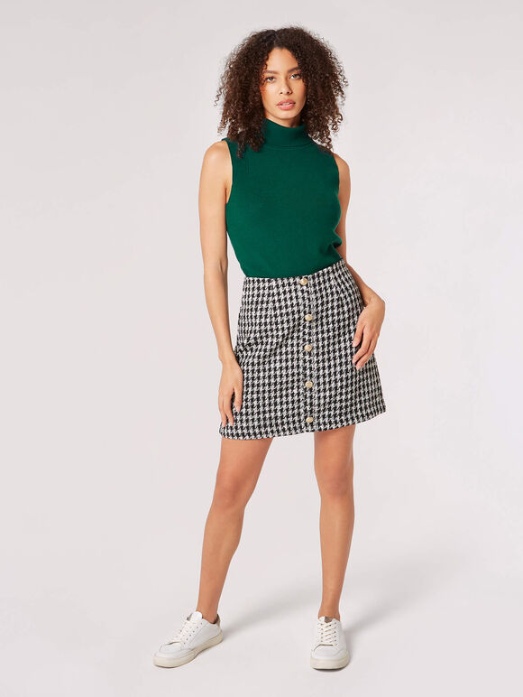 Dogtooth Buttoned Mini Skirt, Black, large