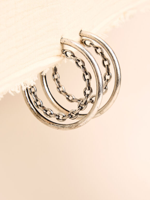 Silver Tone Double Hoop Earrings, Silver, large