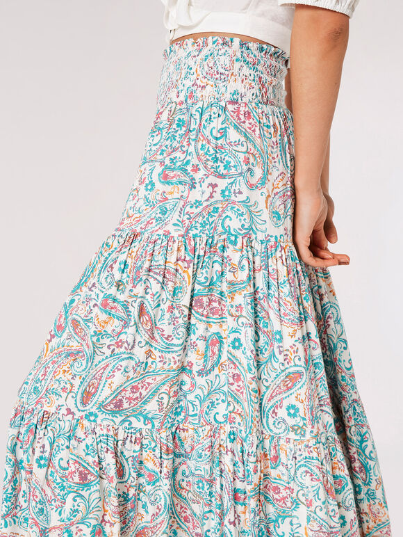 Paisley Tiered Maxi Skirt, Aqua - Turquoise, large