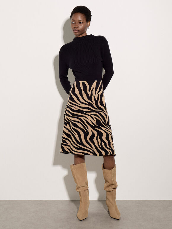 Ribbed Knit Zebra Midi Dress, Black, large