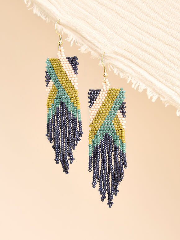 Beaded Fringe Hook Earrings, Blue, large