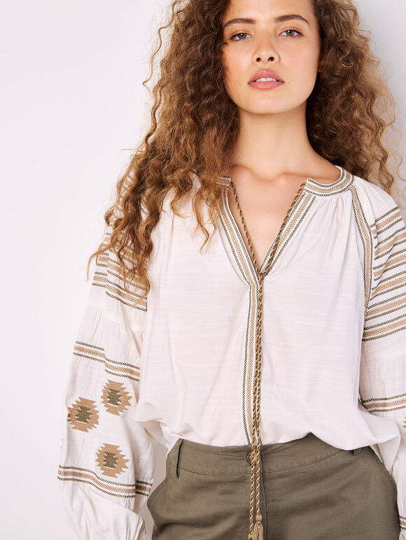 Aztec Embroidered Blouse, White, large