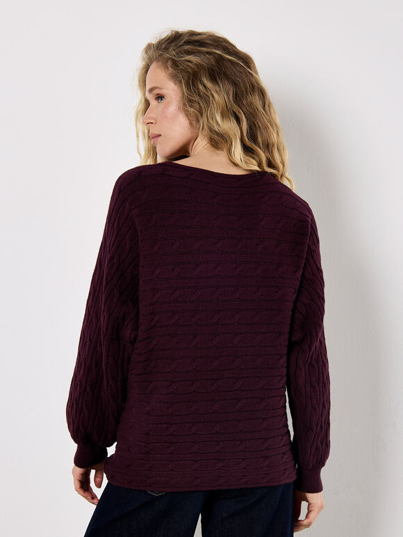 Cable Stripe Batwing Aran Jumper, Purple, large