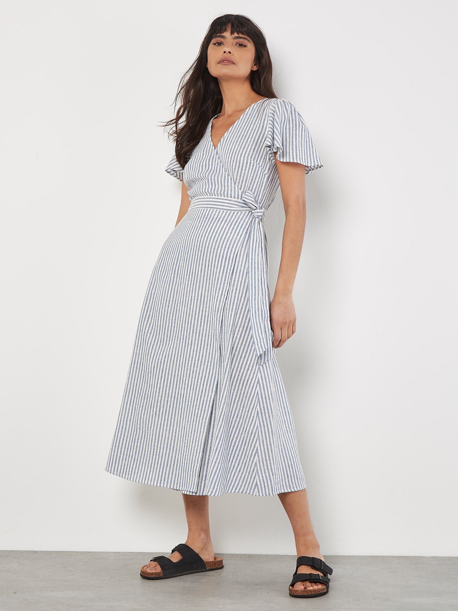 Oxford Stripe Wrap Midi Dress Apricot Clothing