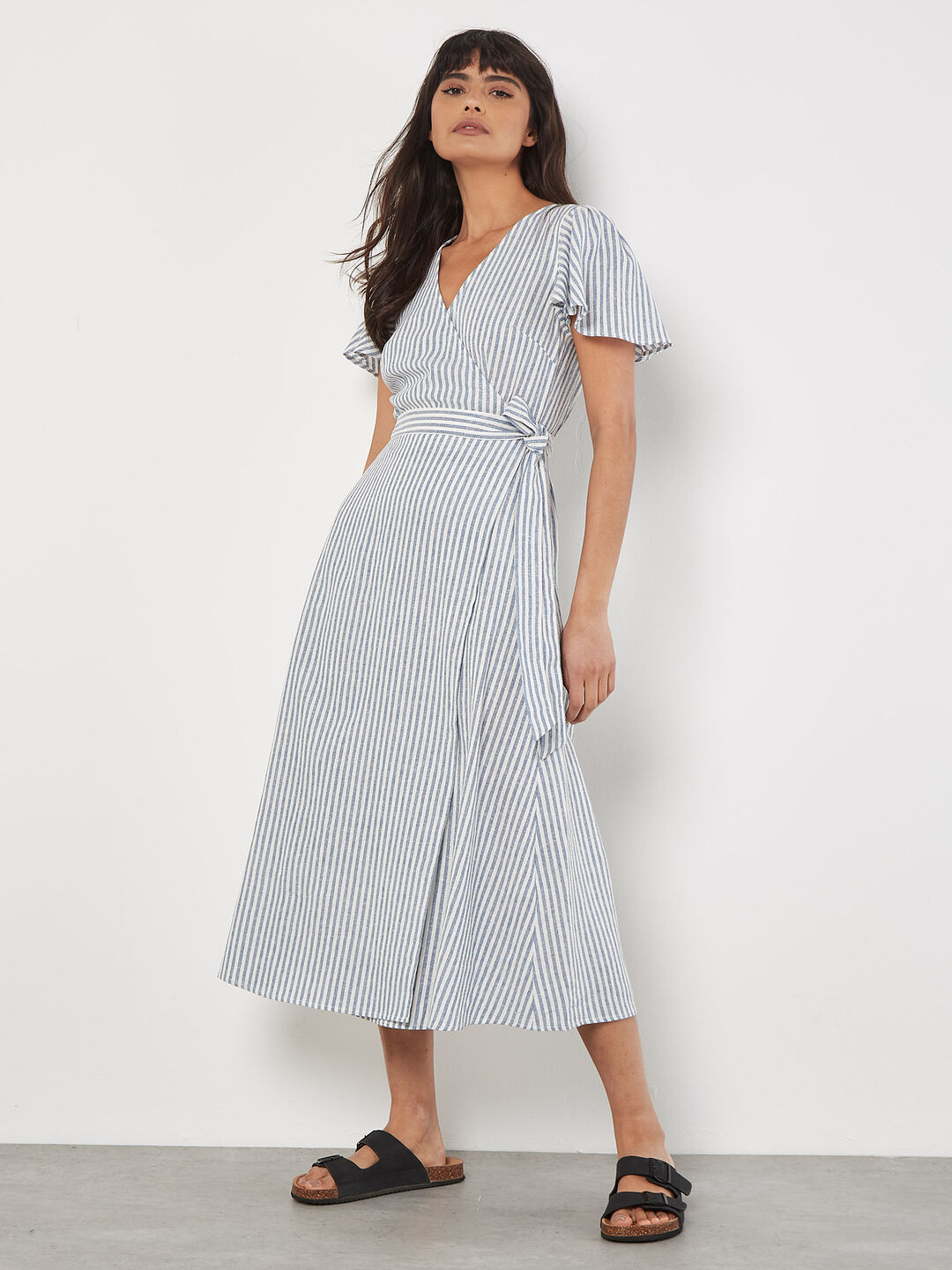 Image of Oxford Stripe Wrap Midi Dress