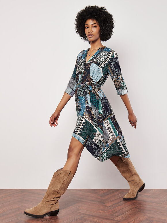 Patchwork Paisley Shirt Mini Dress, Navy, large