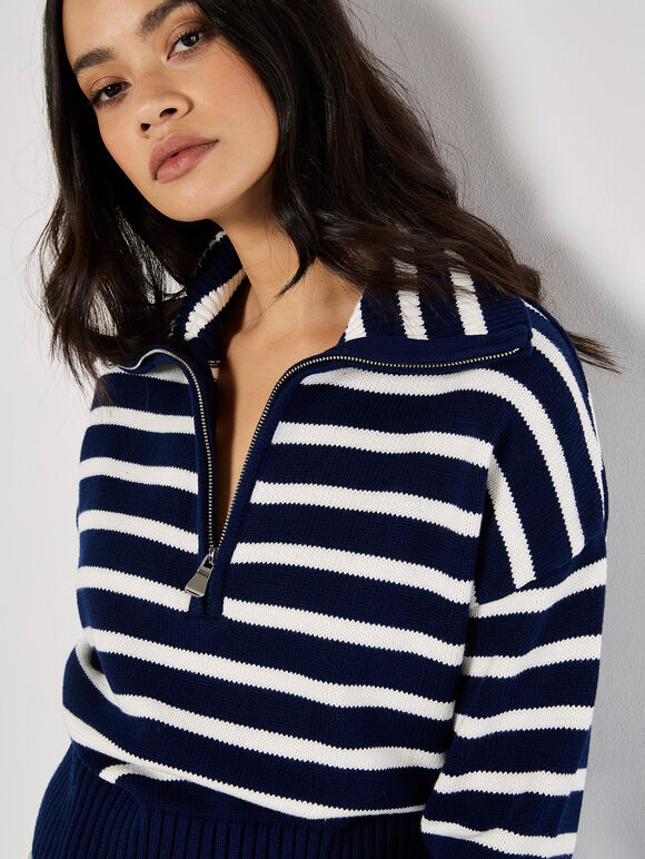 Zip Neck Stripe Jumper, Navy, large