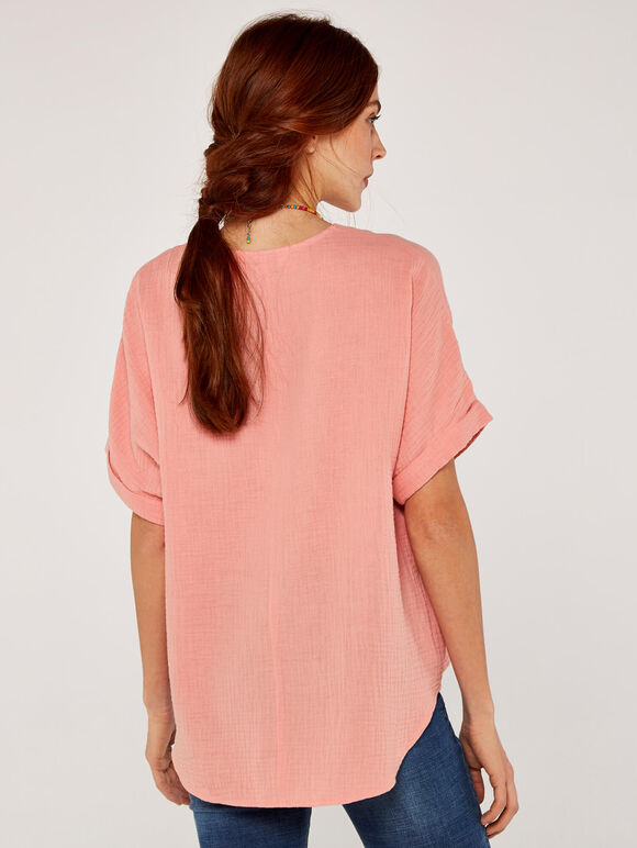 Textured Cotton Pleat Front Top, Pink, large