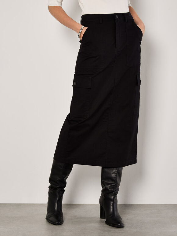 Cotton Cargo Midaxi Skirt, Black, large