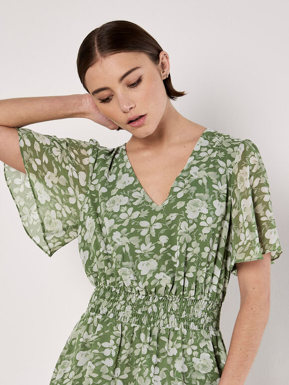 Watercolour Rose Tiered Mini Dress, Green, large