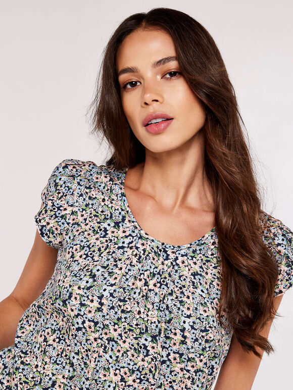 Watercolour Tulip Sleeve Top, Navy, large