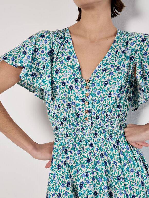 Watercolour Floral Midi Dress, Blue, large