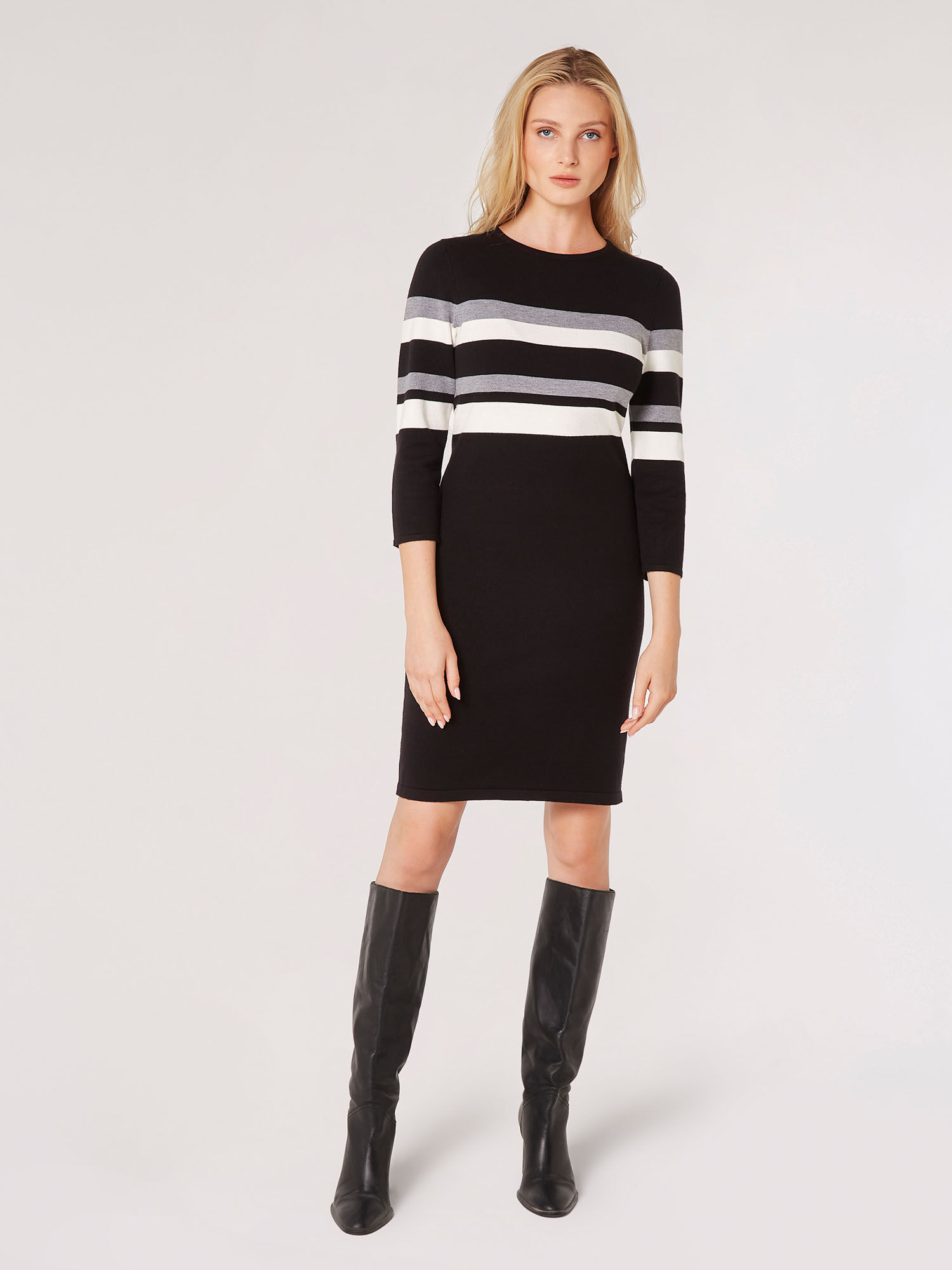 Striped Knitted Jumper Mini Dress Apricot Clothing