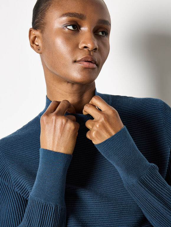 Mock Neck Ribbed Knit Jumper, Teal, large