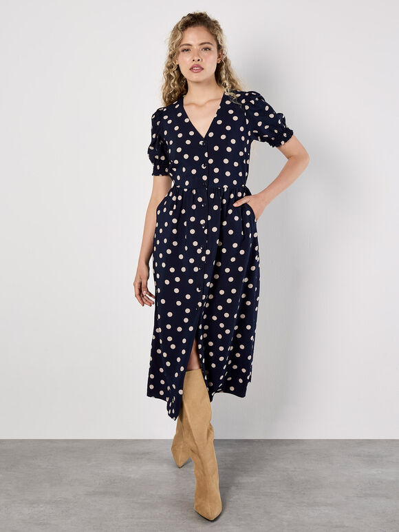 Polka Dot Button-Down Midi Dress, Navy, large