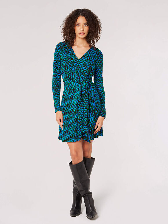 Geometric Diamond Wrap Mini Dress, Green, large