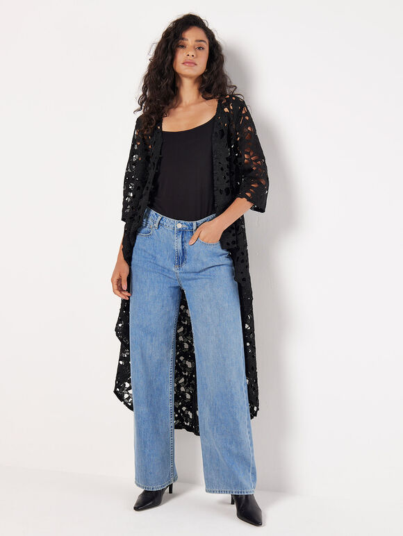 Guipure Lace High-Low Cardigan, Black, large