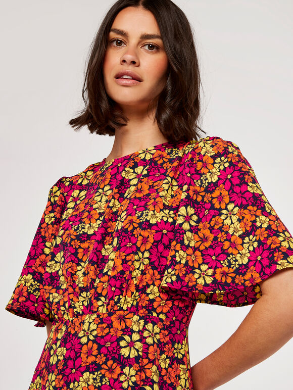 Floral Midi Dress, Orange, large