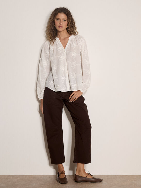 Floral Embroidered Cotton Blouse, White, large