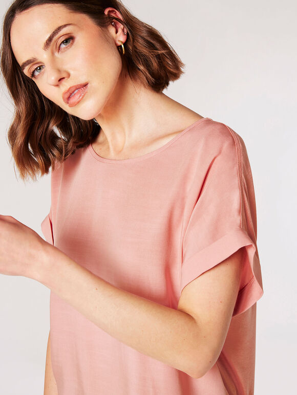 Rolled Sleeves Simple T-Shirt, Pink, large