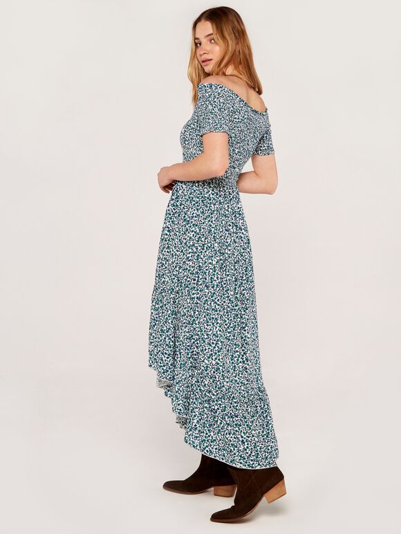 Vintage Ditsy Smock Bardot Dress, Aqua - Turquoise, large
