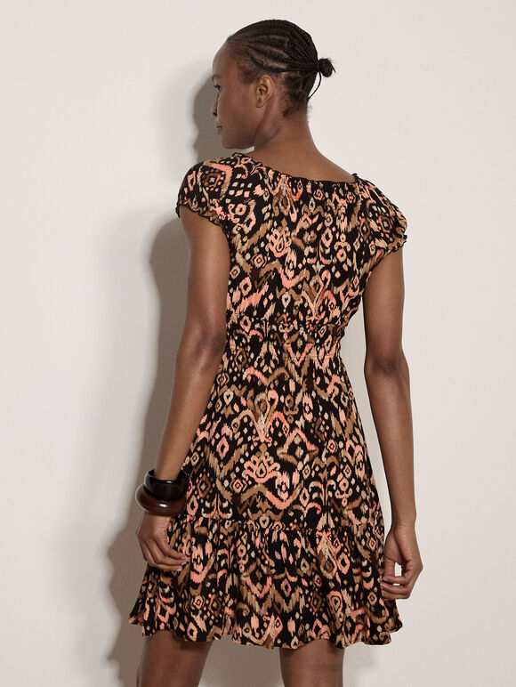 Colourful Ikat Milkmaid Mini Dress, Peach, large