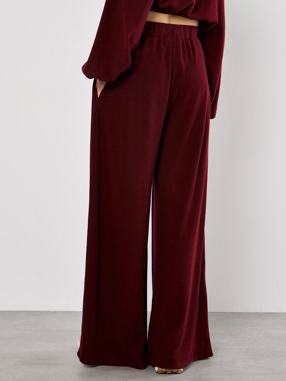Ribbed Knit Wide Leg Trousers, Burgundy, large