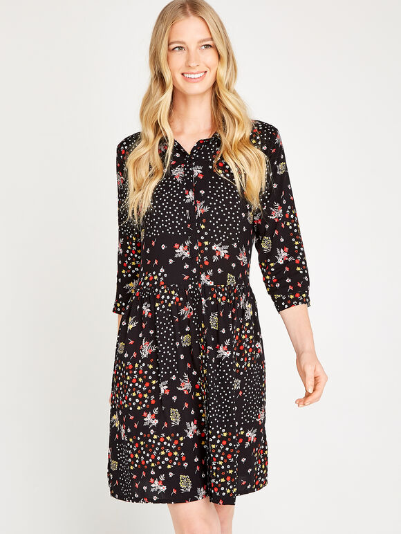 Black Patchwork Floral Smock Dress, Black, large